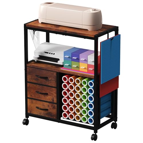 30 Vinyl Roll Holders for Cricut Cart, Rolling Craft Cart with 3 Fabric Drawer, Craft Organization and Storage Compatible with Cricut Maker Machine, Crafting Cabinet Table Workstation, Rustic Brown - color: Vintage, size: Large