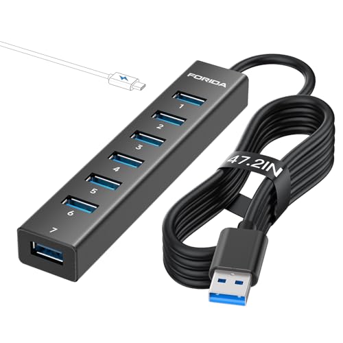 FORIDA Aluminum Alloy 8 Port USB Hub Long Cable USB Splitter with 7-USB3.0 Data Ports and TypeC 5V/3A Power Port Compatible with MacBook, Laptop,Surface Pro, PS5, PC and More (Black, USB A-47in) - color: 47.2in Black, size: USB A