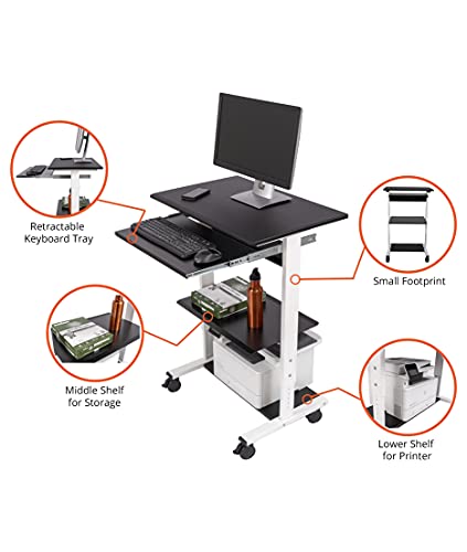 Stand Up Desk Store Mobile Rolling Adjustable Height Standing Workstation with Printer Shelf and Slideout Keyboard Tray (White Frame/Black Top, 30" Wide) - color: White/Black