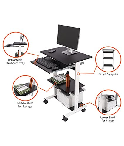 Stand Up Desk Store Mobile Rolling Adjustable Height Standing Workstation with Printer Shelf and Slideout Keyboard Tray (White Frame/Black Top, 30" Wide) - color: White/Black