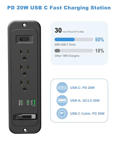 Recessed Power Strip with Retractable USB C Cable,2 PD 20W USB C,Flush Mount Countertop Drawer Outlet, Furniture Hidden Outlet for Side Table,End Table,3 Outlets (Black, 6FT-20W USB) - color: Black, size: 6FT-20W USB