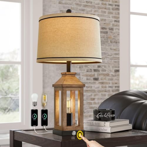 G-SAFAVA 23.75" Farmhouse Table Lamps USB A+C Charging Ports 3-Way Dimmable Touch Control Lamp Nightlight Vintage Modern Lamp for Living Room Bedroom with 2 Light Sources - color: Wood