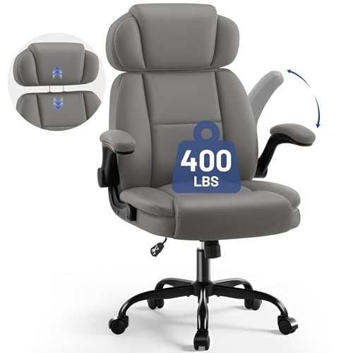 Ergonomic Office Chair with Lumbar Support, 400lbs Heavy Duty Big and Tall Executive Desk Chair, PU Leather High Back Computer Chair with Flip-Up Arms & Adjustable Headrest, Gray - color: Grey, size: Adjustable Headrest Office Chair