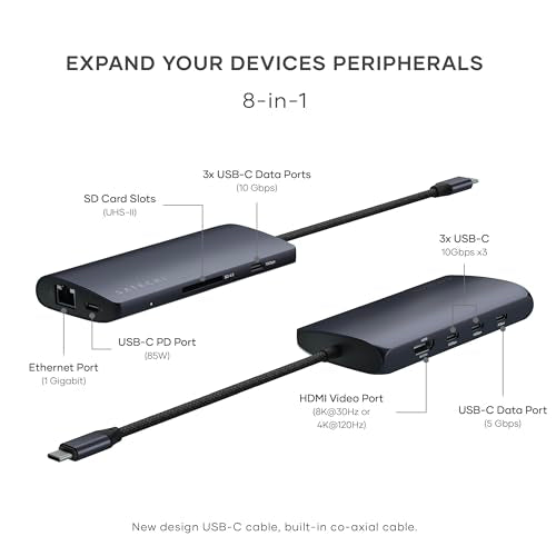 Satechi 8-in-1 USB-C Hub V3, 8K HDMI, 100W Charging, Ethernet, Midnight - color: Midnight, size: V3