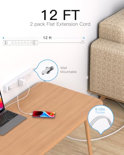 2 Pack Long Extension Cord, 12FT Power Strip Surge Protector with 6 Outlets and 4 USB Ports (2 USB C), Extension Cord with Multiple Outlets, Flat Plug Overload Protection, Wall Mount for Dorm College - size: 12FT, style: Flat Extension Cord & Thin Flat Pl