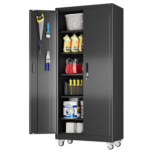 Aobabo Metal Garage Storage Cabinet with Wheels, 71" H, Black | 34" W x 18" D steel cabinet with 5 adjustable shelves, lockable doors, pegboards, hooks and 4 lockable casters - color: Black, size: 18"D x 34"W x 71"H-0 Drawers