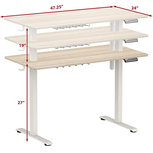 SHW 48-Inch Electric Height Adjustable Sit to Stand Desk, Maple | with Hanging Hooks and Cable Management, White Frame and Maple Top - color: Maple, size: 48-Inch