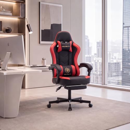 Desk Computer Gaming Chair - High Back Ergonomic Office Chair with Footrest and Lumbar Support, Swivel Comfy Home Gamer Video Game Chairs with Pocket Spring Cushion for Adults (Red Leather) - color: Classic Red Leather