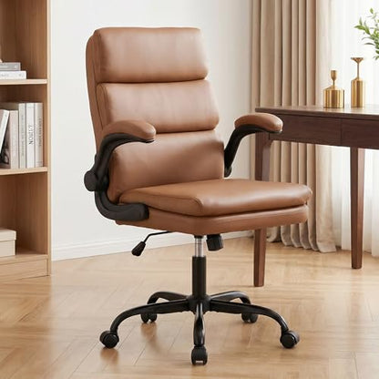 Mid Back Office Desk Chair,Leather Conference Room Chairs,Ergonomic Home Computer Chair,Modern Executive Chair with Padded Flip-up Armrest and Swivel Wheels (Brown) - color: Brown