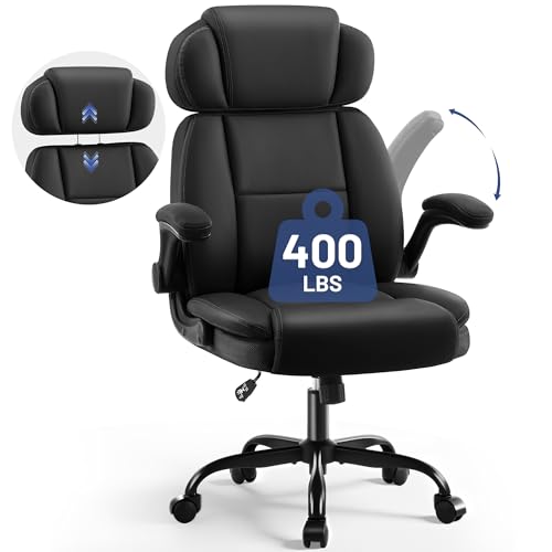 Ergonomic Office Chair with Lumbar Support, 400lbs Heavy Duty Big and Tall Executive Desk Chair, PU Leather High Back Computer Chair with Flip-Up Arms & Adjustable Headrest, Black - color: Black, size: Adjustable Headrest Office Chair