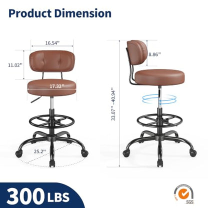 Homkdom Drafting Chair 17.32" Wide Seat & 3.94" Thick Cushion | Height-Adjustable Office Chair with Footrest Ring for Standing Desk, Auto-Lock Gravity Casters - PU Leather Brown - color: Brown