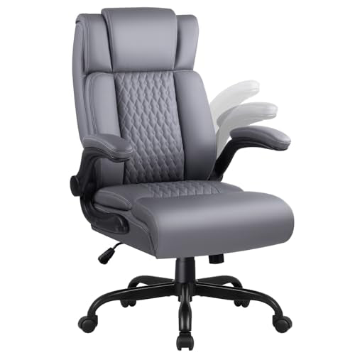 OFIKA Executive Office Chair Heavy Duty Office Chair Padded Flip Up Armrest, Computer Gaming Chair PU Leather Desk Chair, High Back Big and Tall Office Chair with Lumbar Support (Gray) - color: Flip Up Armrest-gray