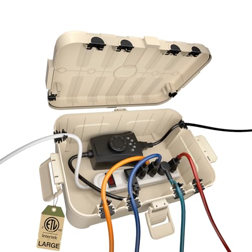 Flemoon Large Outdoor Electrical Box, Waterproof Extension Cord Cover | Inner Size 12 x 7.4 x 3.9Inch, 6 Cable Entry Ports, IP54 Weatherproof Connection Box for Outlet, Timer, Holiday Light, Alomnd - color: Almond, size: Large
