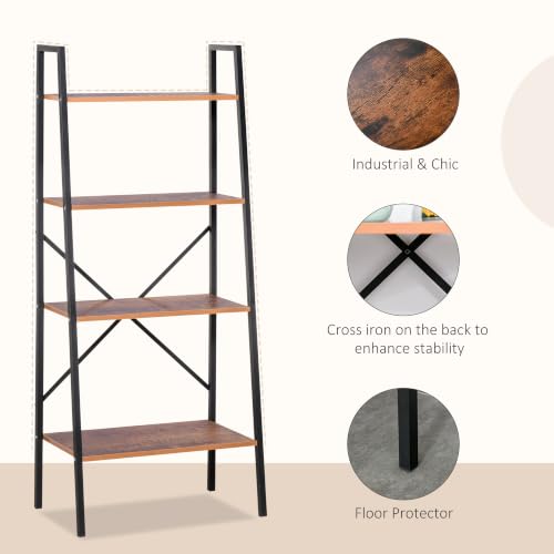 HOMCOM Ladder Shelf Bookshelf, 4 Tier, Wood Metal Frame, Distressed Brown