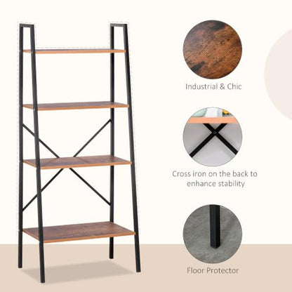 HOMCOM Ladder Shelf Bookshelf, 4 Tier, Wood Metal Frame, Distressed Brown