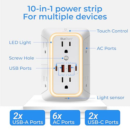 Wall Mount Power Strips Wall Charger 6 Outlet Extender 4 USB Ports (5V, 2.4A, 12W) and Night Light 3-Sided Power Strip with Adapter Spaced Outlets - Multi Plug Outlet Surge Protector for Home Office - color: White
