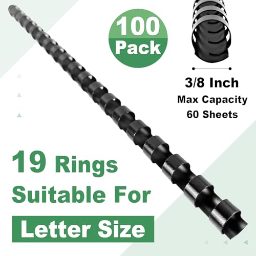 HOUYEE 100 Pack 3/8 Inch Plastic Binding Combs Spines, 19 Rings, Black | 10mm Binder Combs for Letter Size Paper, 60 Sheets Capacity , for Book Binder Office School Supplies - size: 3/8 inch, 100 Pack