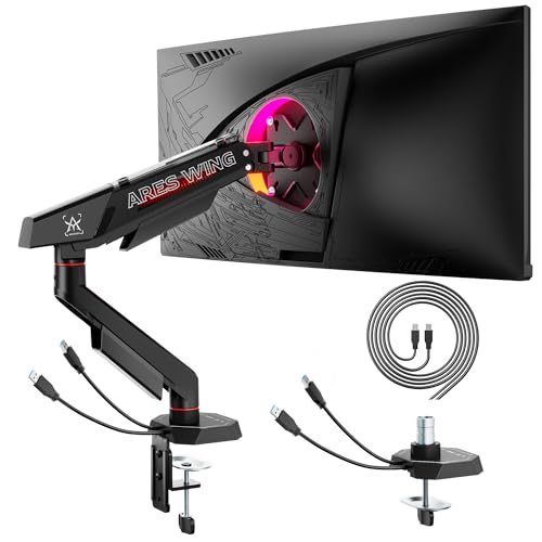 ARES WING 17-40 Inch Heavy Duty Single Monitor Arm with USB, Black | Fully Adjustable Monitor Mount for Flat Curved Ultrawide Screens Up to 26.5lbs, C-Clamp & Grommet Base, 75/100 Vesa Mount - color: Black, size: Single Monitor Arm
