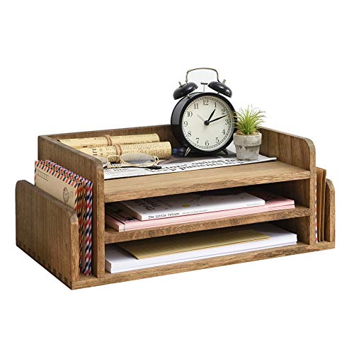 KIRIGEN Wood Desk Organizer, 5-Tray Letter Tray and Mail Sorter, Brown 2TP | Solid Wood 3-Tier Desktop Organizer with 5 Storage Areas for Mail, Folders, Letter Paper and Office Supplies, Fully Assembled - color: Dark Brown