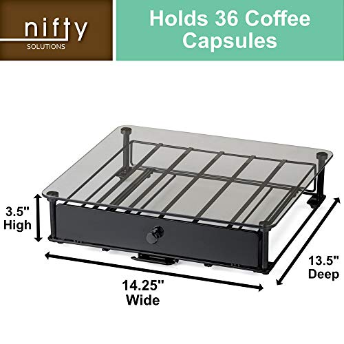 Nifty Rolling Coffee Pod Drawer – Tempered Glass, Black, Compatible with K-Cups, 36 Pod Pack Holder, Compact Under Coffee Pot Storage Drawer, Slim Home Kitchen Counter Organizer
