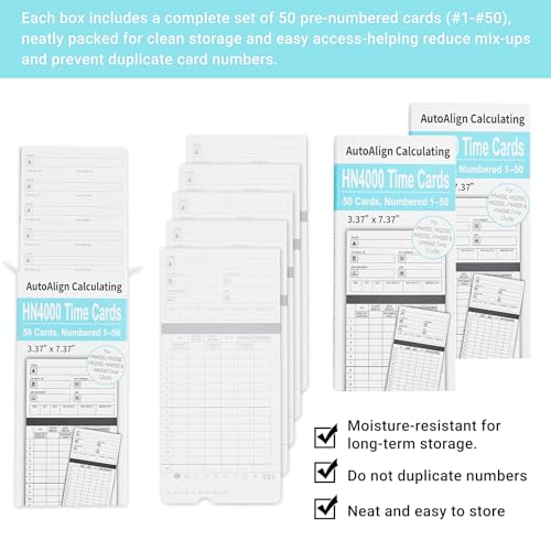HN4000 Time Cards for Employee Time Clocks, Compatible with HN4000, HN2000, HN2500, HN4500, Card Numbers 1-50, Pre-Punched Holes, of 50 Cards, Separate Packaging (300)