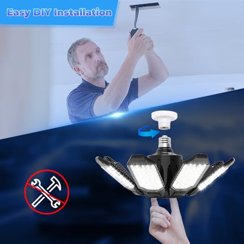 Garage Lights - Super Bright 25000LM Garage Lights Ceiling Led w/ 8 Deformable Panels 6500K Led Light Bulb Srew in E26/E27 Socket with Adjustable Center Spotlight for Barn Workshop Attic - size: 250W - 1Pack