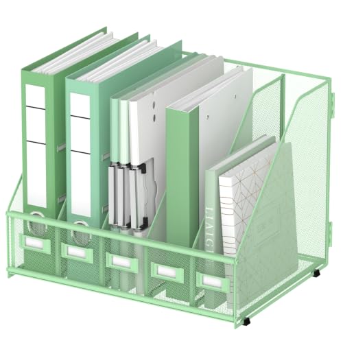 DALTACK 5-Slot Magazine File Holder, Metal Binder Holder, Mint Green | Iron Mesh Construction, Labeled Sections for Easy Sorting, Anti-Slip Feet, Binder and Folder Storage for Office, Classroom - color: Mint Green, size: 5Rack-Plus