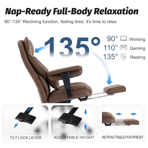 Efomao Executive Office Chair 400lbs,Brown Big and Tall Desk Chair | Mattress-grade pocket spring cushion, sleek leather, 135° recline & footrest for computer gaming setup. - color: 3084p-brown