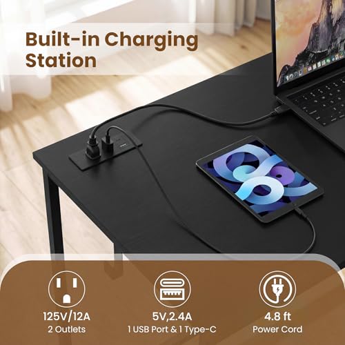 GIANTEX Computer Desk with Charging Station, 38" Home Office Desk w/ 2 Fabric Drawers, Storage Shelf & Headphone Hook, Industrial Study Work PC Table, Writing Desk for Small Spaces (Black) - color: Black
