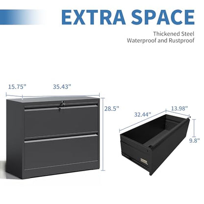 2 Drawer File Cabinet with Lock, Metal Lateral Filing Cabinets - color: Black, size: 2 Drawer_ 35"W