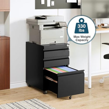 MIIIKO 3 Drawer File Cabinet on Wheels, Home Office Mobile File Cabinet Under Desk, Full Assembled Metal Filing Cabinets with Lock for Legal/Letter/A4 File Folders - color: Black, size: 3Drawer-24.5"H