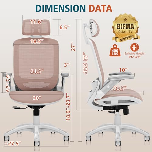 GABRYLLY Ergonomic Office Chair, High Back Home Desk Chair with 2D Flip-Up Arms, 3D Headrest, 90-120° Tilt and Wide Cushion, Big and Tall Mesh Chairs for Man Woman, White Computer Task Chair Pink - color: White Frame Pink Mesh