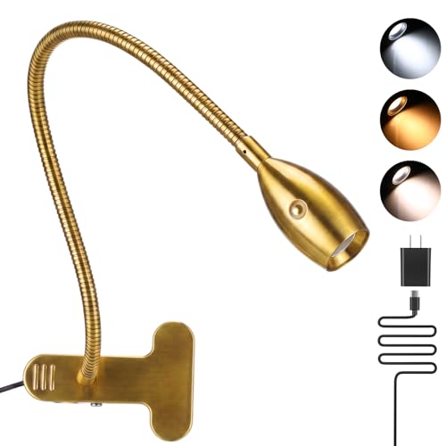 1 Pcs LED Clip on Reading Light for Bed Headboard, 3 Color Dimmable Stepless Book Light with Flexible Gooseneck Clamp Desk Lamp for Reading with USB for Bedroom, Dorms, Office, Studio (Gold) - color: Gold