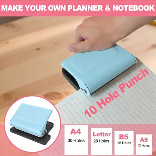 10 Hole Punch Binding Machine for Planner, Manual Binding System with 10 Multi-Color Binder Rings for Making 26 Holes on B5, 30 Holes on A4, 20 Holes on A5 Book, 10 Sheet Capacity (Blue) - color: Blue