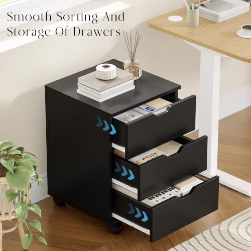 Farini 3-Drawer Under Desk Wooden File Storage Cabinet with Lockable Caster for Home Office,Black,Fully Assembly - color: Black, style: Fully Assembly