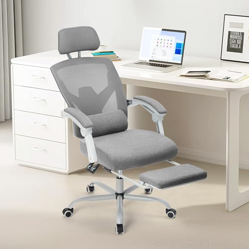 Sweetcrispy Ergonomic Office Chair, Computer Desk Chair with Lumbar Support | Adjustable Footrest, High-Back Mesh, 360° Rolling Swivel Work, Comfy Arms for Home Bedroom, Light Grey - color: Light Grey
