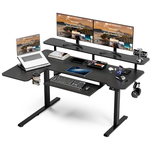 59 Inch L Shaped Standing Desk with Shelves and Keyboard, Electric Corner Standing Desk Adjustable Height, Sit Stand Computer Table with Reversiable Splice Board，Black Carbon - color: Black Carbon, size: L-shaped 59 Inches Keyboard Tray