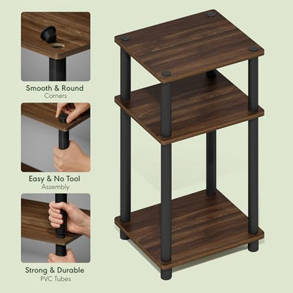 Furinno JUST Side Table, 3-Tier End Table, Open Shelves Night Stand, Bedside Table, Toolless Assembly, for Living Room, Bedroom, Bathroom, Columbia Walnut - color: Columbia Walnut/Black, size: 3-Tier, Round Pole, style: 1-Pack