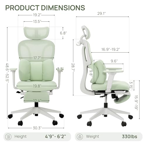 CabLady S1 High Back Ergonomic Mesh Office Chair with Footrest, 300 lbs | 115° Recline Lock, Adjust Seat Depth, 2D Arms, 3D Headrest, Detachable Lumbar Support, Breathable Mesh, BIFMA, Green - color: Butterfly Green