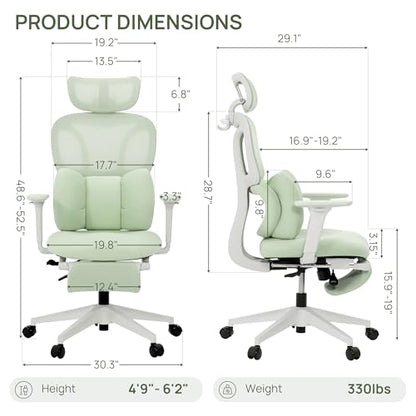 CabLady S1 High Back Ergonomic Mesh Office Chair with Footrest, 300 lbs | 115° Recline Lock, Adjust Seat Depth, 2D Arms, 3D Headrest, Detachable Lumbar Support, Breathable Mesh, BIFMA, Green - color: Butterfly Green