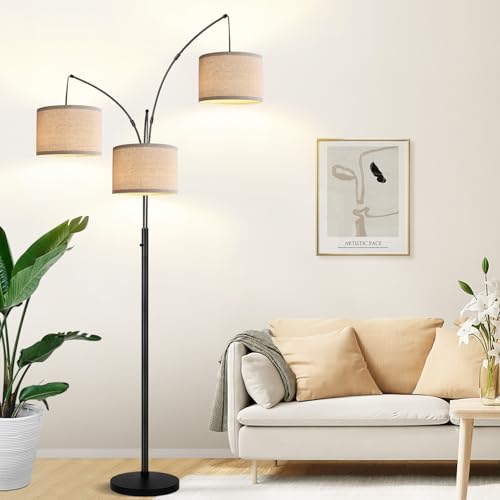 Dimmable Floor Lamp, 3 Lights Black Arc Floor Lamp, Modern Tall Standing Tree Lamp with Beige Linen Shades & Heavy Base, 3000LM LED Bulbs, Bright Lighting for Living Room, Bedroom, Office & Reading - color: Matte Black- Beige Linen Shade