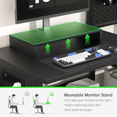 Small Gaming Desk with 2 Fabric Drawers - Reversible Computer Desk with Power Outlet & LED Lights, 49" Office Desk with Monitor Stand & Storage Shelves, Writing Study Table with Pegboard, Black - color: Black