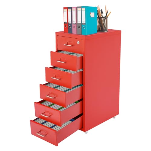 6 Drawers Mobile File Cabinet Rolling Vertical Filing Cabinet Under Desk Storage Organization 16" D x 11" W x 27" H (Red) - color: Red