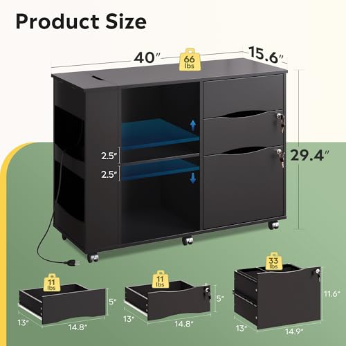 DEVAISE File Cabinet with Lock, 3 Drawer Rolling Mobile Lateral Filing Cabinets with Charging Station Printer Stand with Open Storage Shelves Fits A4 or Letter Size for Home Office Black