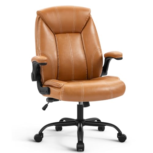Executive Office Chair,Big and Tall Ergonomic Desk Chair with Adjustable Lumbar Support,Breathable PU Leather Computer Chair wih Flip-up Arms and Wheels, Camel - color: Camel-