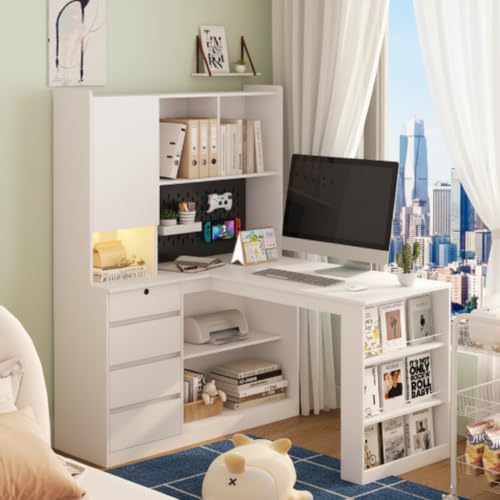 RuiSiSi 46" L Shaped Executive Desk with Hutch and Shelves, White - color: White, size: 46.06"L x 55.90"W x 62.79"H