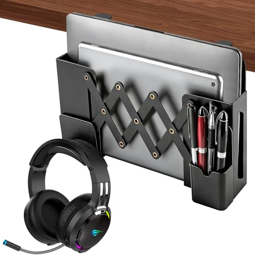 Desk Side Storage，Under Desk Clamp-on Vertical Laptop Holder,7-17 Inch Length Adjustable with Pen & Headphone Holder,No Drill Storage Shelf for Desk，Fits Table Edge 0.4" to 2.3"(Black)