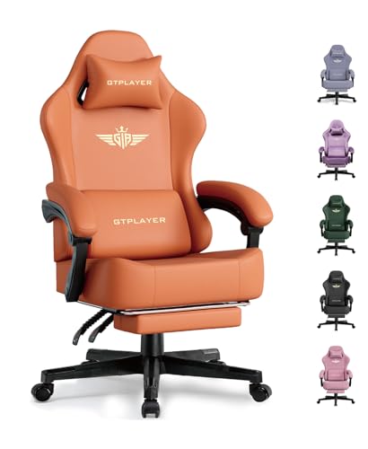 GTPLAYER Gaming Chair with Pocket Spring Cushion, Big and Tall Gamings Chairs 350LBS High Back Computer Chair with Footrest for Adults Lumbar Support Swivel Game Chair for Office, Leather Orange - color: Orange