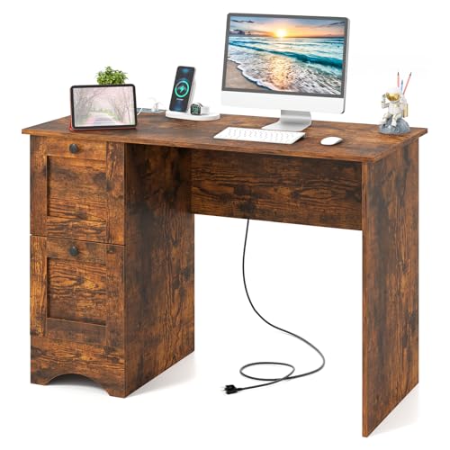 Giantex Computer Desk with 2 Drawers, 43” Wooden Home Office Desk with Charging Station, Compact Study Writing Desk, Modern Laptop PC Desk Workstation for Bedroom, Living Room (Rustic Brown) - color: Rustic Brown