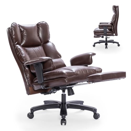 Big and Tall Office Chair with Foot Rest,Heavy Duty Office Chair(Brown) | PU Leather High Back Wide Desk Chair, Comfortable Executive Office Chair, 135° Reclining, Adjustable Padded Armrests - color: Brown